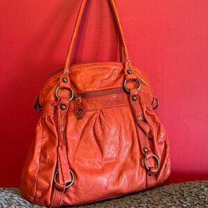 TANO Handbag Soft Leather Zip Shoulder Bag Hobo - Red Orange & Bronze Accents